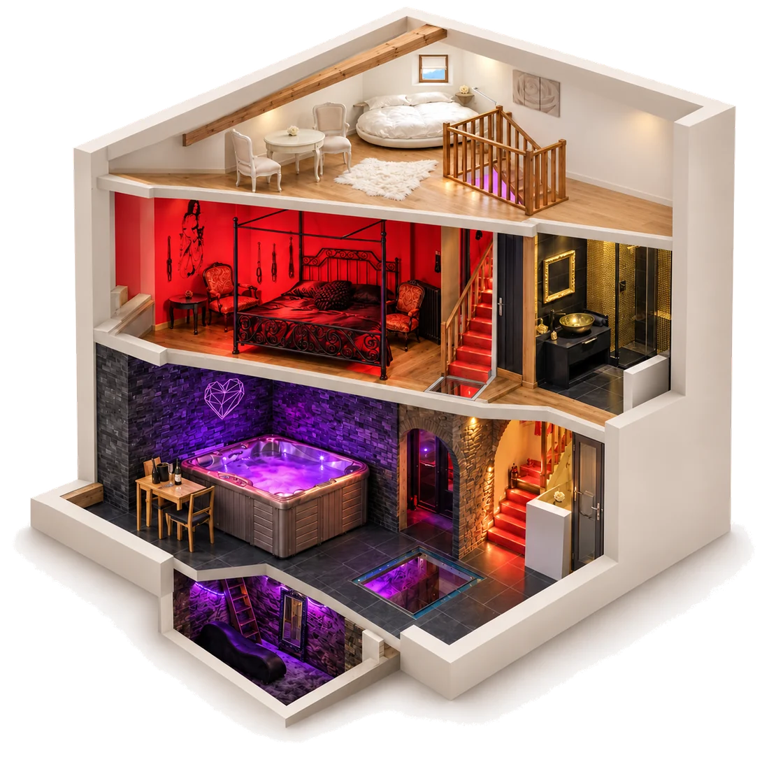 Maquette 3D en coupe du triplex L&rsquo;AppartOsé à Tresserve, sur trois niveaux